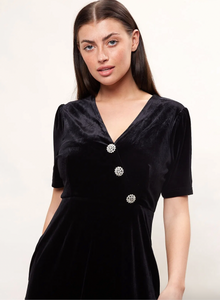 Louche Avi Velvet Diamante Button Midi Dress Black